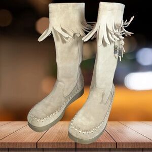 REPORT DUBAI LEATHER Beige Moccasin Boots with Fringe🌵